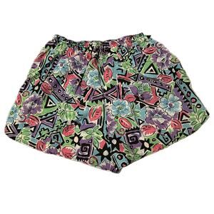 Vintage 80s Neon Floral Swim Shorts Geometric Elastic Waist Surf Retro Medium -